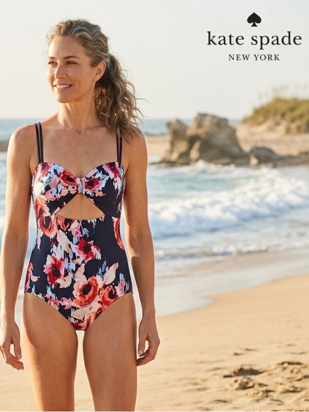 Kate Spade S Floral Cutout One Piece Swimsuit Navy Pink Preppy Vacation Designer